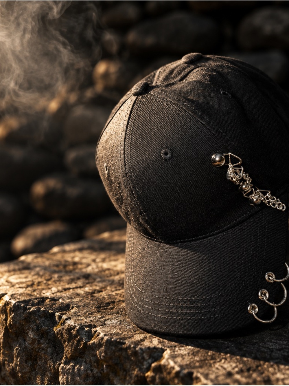 Women’s Black Baseball Cap with Decorative Metal Rings